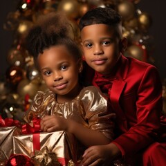 Fototapeta na wymiar A joyful young girl and mischievous boy, dressed in festive holiday attire, strike a playful pose for a christmas photo, radiating pure happiness and innocence amidst the cozy indoor setting