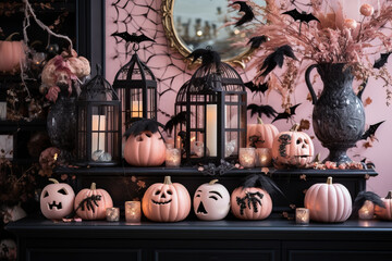 pink pumpkins black bats stylish halloween interior decoration, Generative AI