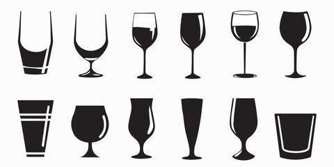 Glasses silhouette vector. Including wineglass, cocktail glass, champagne, and much more. Vector illustration