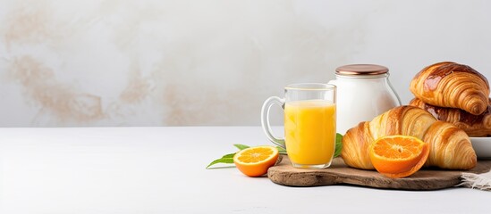 A balanced diet of breakfast foods including coffee orange juice egg rolls and honey