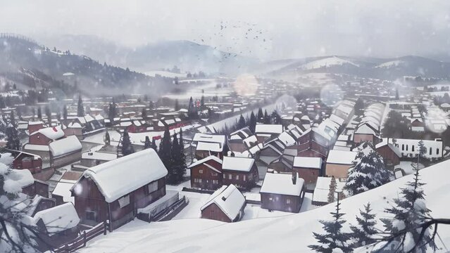 winter landscape with snow covered houses. Cartoon or anime watercolor painting illustration style. seamless looping 4K time-lapse virtual video animation background.