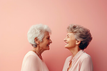 Portrait of two peaceful calm ederly womens look at each other isolated on pink background