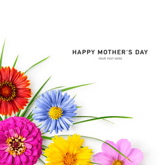 Beautiful flowers and green grass isolated on white. Happy mothers day.