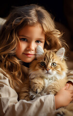 A little girl holds and cuddles her cat