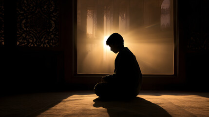 silhouette of a muslim boy praying in a mosque - obrazy, fototapety, plakaty