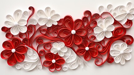 Abstract paper art style red and white florals pattern. Design quilling style wallpaper