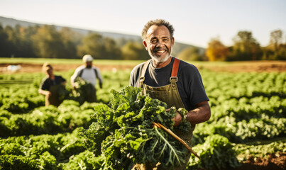 Organic Farming Joy: Wide Shot of Farmer with Fresh Curly Kale in Autumn Field