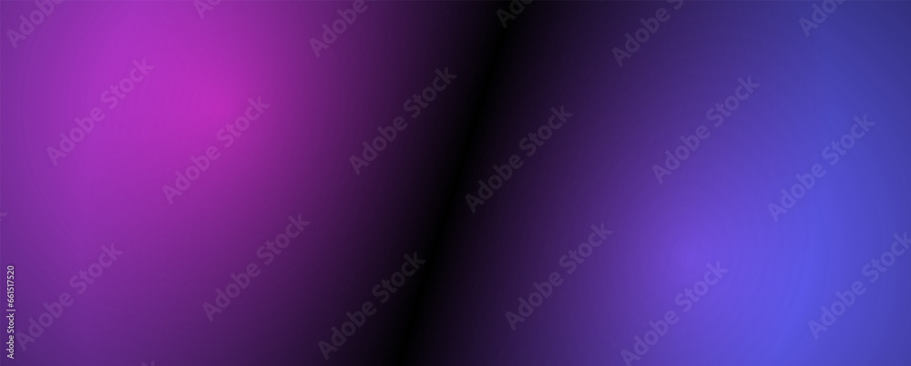 Poster Background with trendy gradient and noise. Violet and pink and black colors. Glare from lenses, overlay texture. Vector banner with dust and smooth color transition