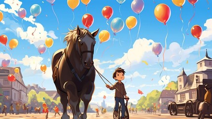 simple illustration of a child playing with lots of big balloons and a horse-drawn carriage