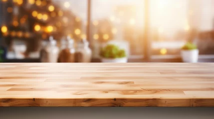 Tuinposter Empty Beautiful wood table top and blur bokeh modern kitchen interior background in clean and bright, Ready for product montage © Spear