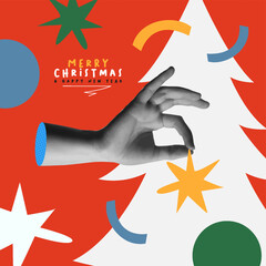 Human hand holding deco star on christmas tree in collage retro 90s style vector design