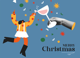 Cheers toast for christmas and new year in collage mixed media style illustration