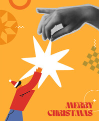 Human hand and cartoon santa holding a christmas star in retro collage style