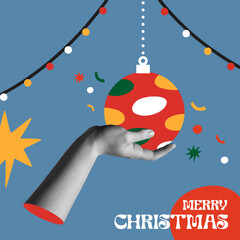 Christmas ball decor and halftone hand in collage retro 90s style design