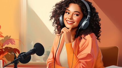 Beautiful young woman in headphones and with a microphone conducts a podcast, blogger communicates with her subscribers on social networks, illustration - obrazy, fototapety, plakaty