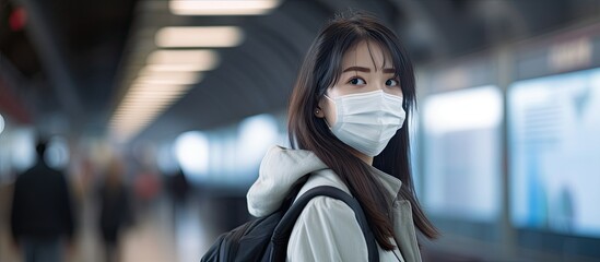 Fototapeta na wymiar Concerned Asian woman traveler wearing a mask for virus protection amid the new normal and amid anti Asian sentiments