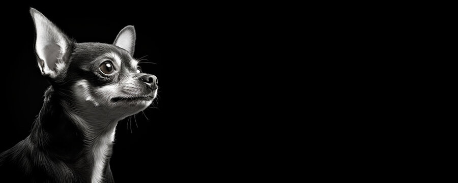 Black and white portrait of a Chihuahua dog isolated on black background banner with copy space