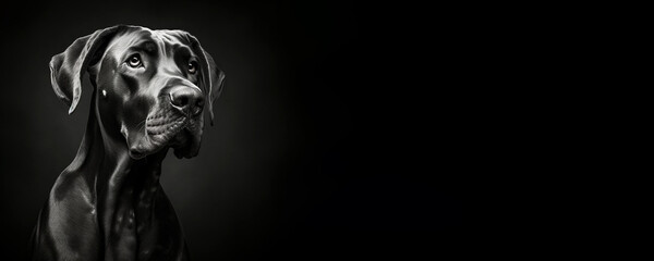 Black and white portrait of a Great Dane dog isolated on black background banner with copy space