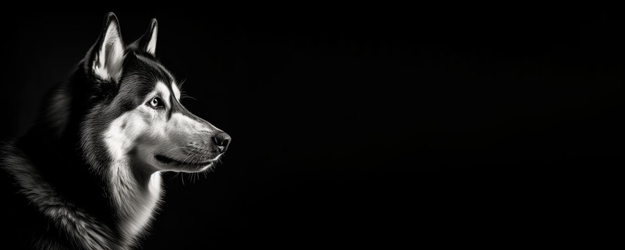 Black and white portrait of a Siberian Husky dog isolated on black background banner with copy space - Powered by Adobe