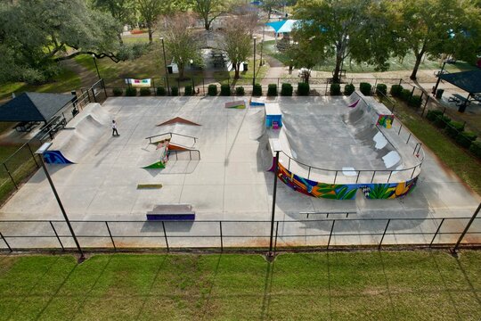 A drone photo shot of a skateboard park in Safety Harbor, Florida