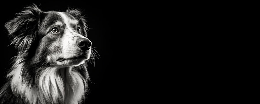 Black and white portrait of an Australian Shepherd dog isolated on black background banner with copy space