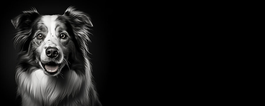 Black and white portrait of an Australian Shepherd dog isolated on black background banner with copy space