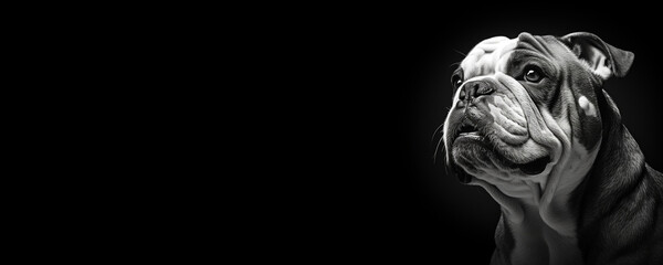 Black and white portrait of an English Bulldog isolated on black background banner with copy space