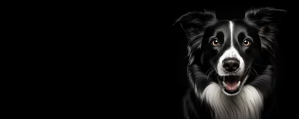 Poster Portrait of a Border Collie dog isolated on black background banner with copy space © JoelMasson