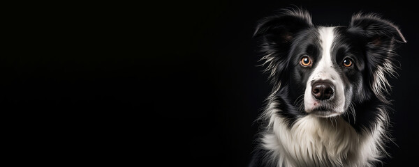Portrait of a Border Collie dog isolated on black background banner with copy space