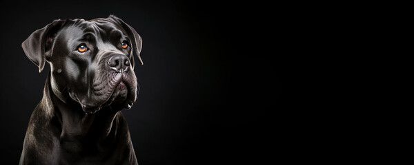 Obraz premium Portrait of a Cane Corso dog isolated on black background banner with copy space