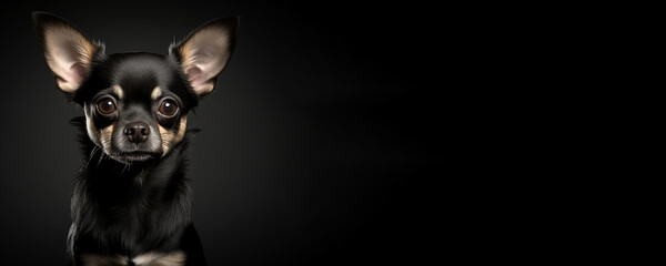 Portrait of a Chihuahua dog isolated on black background banner with copy space