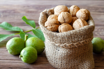 Ripe walnuts in jute sack and green young walnuts with leaves on wooden background