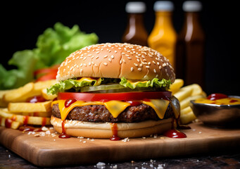 Illustration of unhealthy but delicious hamburger. Popular western food. Generative AI