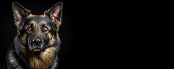 Portrait of a German Shepherd dog isolated on black background banner with copy space