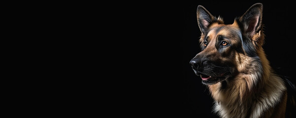 Portrait of a German Shepherd dog isolated on black background banner with copy space