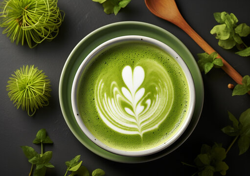 Illustration of green tea latte art. Flat lay presentation. Generative AI