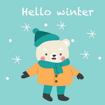 cute baby animal in winter clothes - polar bear