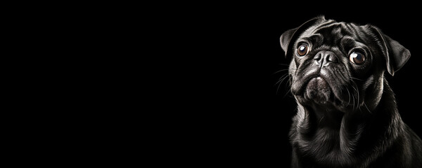 Portrait of a Pug dog isolated on black background banner with copy space
