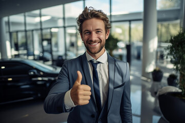 Successful luxury automobile business concept. Friendly Adult car seller dressed in suit in car salon showroom with cars on background. Salesman with thumb up look into camera - obrazy, fototapety, plakaty