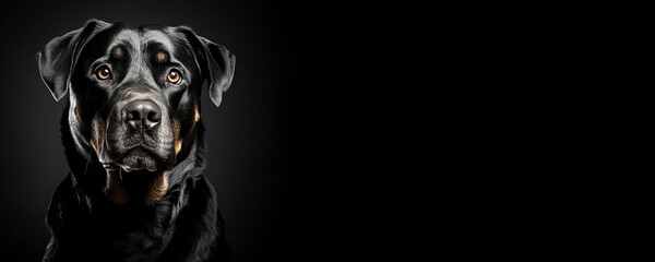 Portrait of a Rottweiler dog isolated on black background banner with copy space