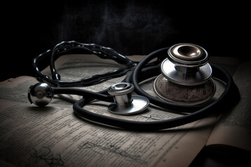 Stethoscope on old papers. AI Generated