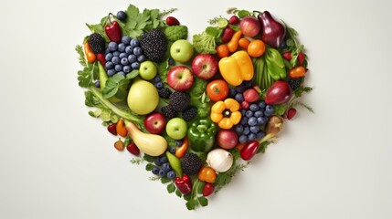 Naklejka na ściany i meble heart shape by various vegetables and fruits on white background