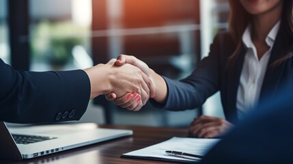 job interview,Handshake,finishing successful meeting,Business etiquette,congratulation,meeting,new business,startup,employee,teamwork,trust concept.Young business people shaking hands in the office. - obrazy, fototapety, plakaty