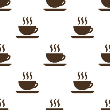 Brown coffee cups on white background. Vector seamless pattern. Best for textile, cafe decor, wallpapers, wrapping paper, package and web design.