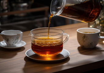 Illustration of pouring a tea into a glass. Traditional english tea. Tea time. Generative AI