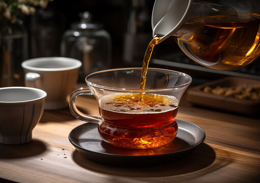 Illustration of pouring a tea into a glass. Traditional english tea. Tea time. Generative AI