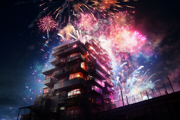 Spectacular Fireworks Display Over a High Building in the Neon-Lit Night City