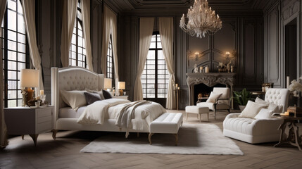 Bedroom with a tufted headboard and a chaise lounge and a crystal chandelier - obrazy, fototapety, plakaty
