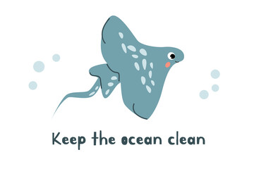 cute stingray and text keep the ocean clean card