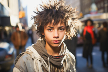 Teenage boy with spiky haircut in the street. - obrazy, fototapety, plakaty